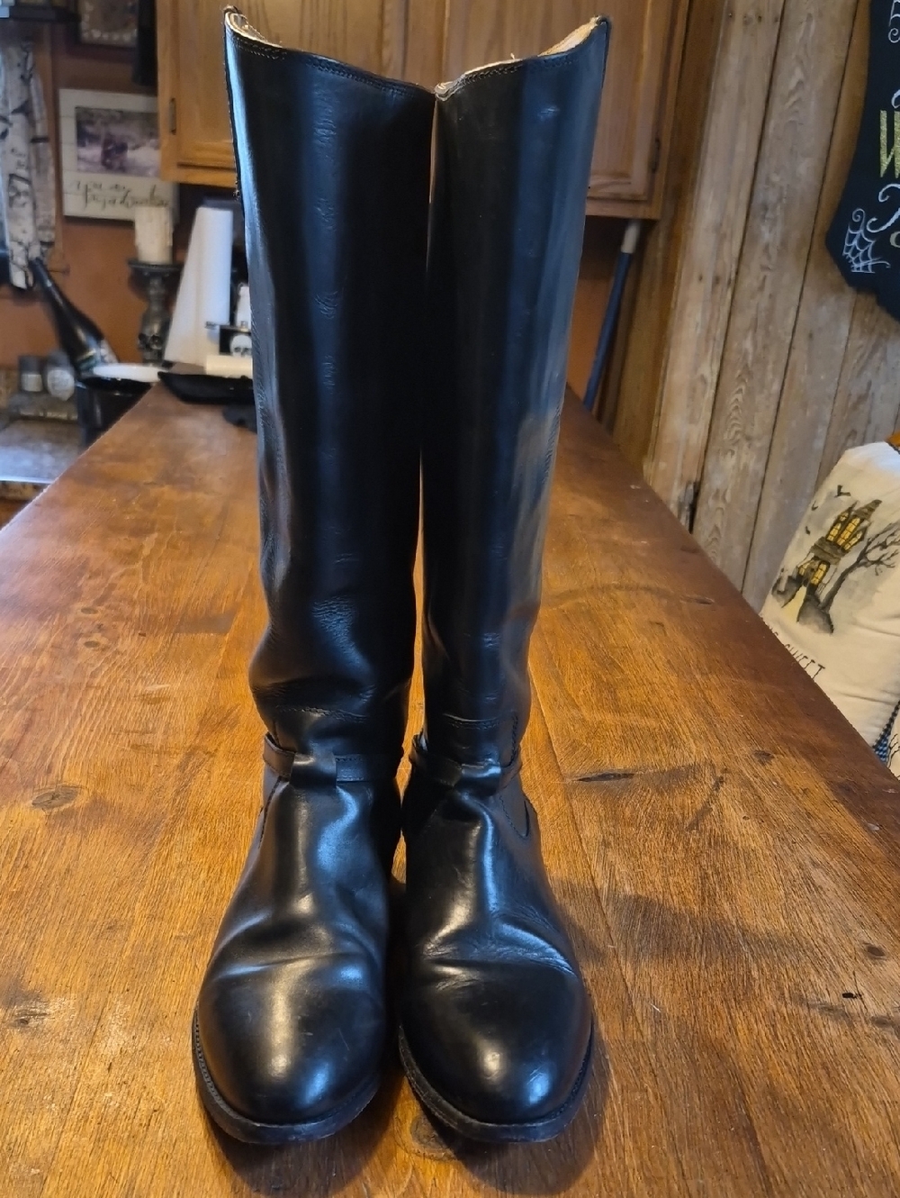 Frye Black Leather Knee-High Heeled Boots